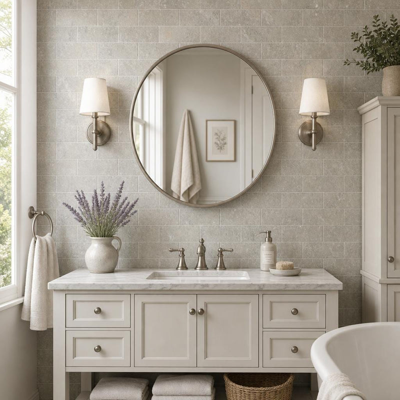 Rustic Green (Sea Grass) 3x6 Antique Subway Limestone Tile — Bathroom wall