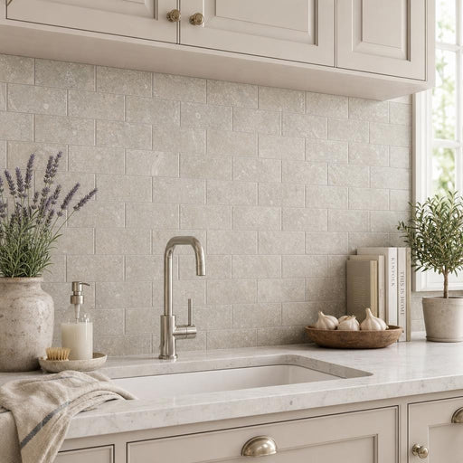 Rustic Green (Sea Grass) 3x6 Antique Subway Limestone Tile — Kitchen backsplash