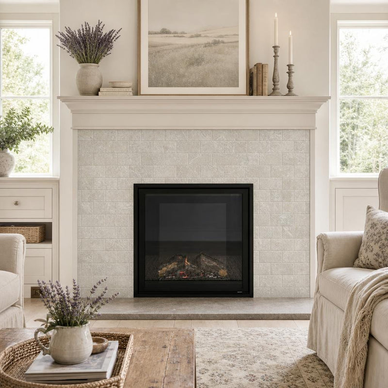 Rustic Green (Sea Grass) 3x6 Antique Subway Limestone Tile — Living Room fireplace surround