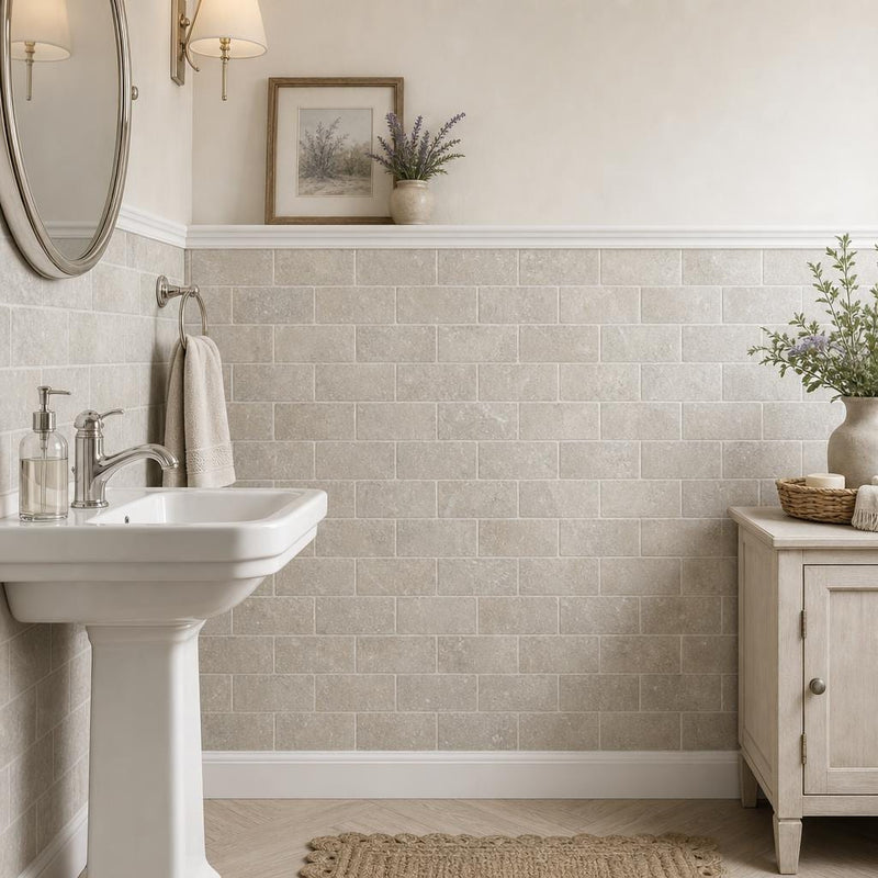 Rustic Green (Sea Grass) 3x6 Antique Subway Limestone Tile — Powder Room wainscot