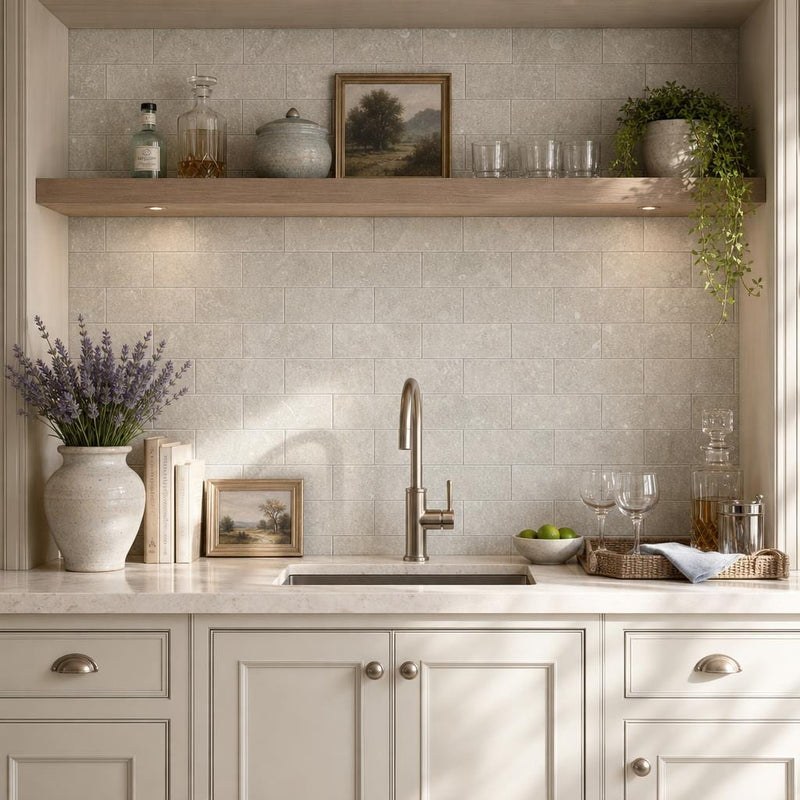 Rustic Green (Sea Grass) 3x6 Antique Subway Limestone Tile — Wet Bar backsplash