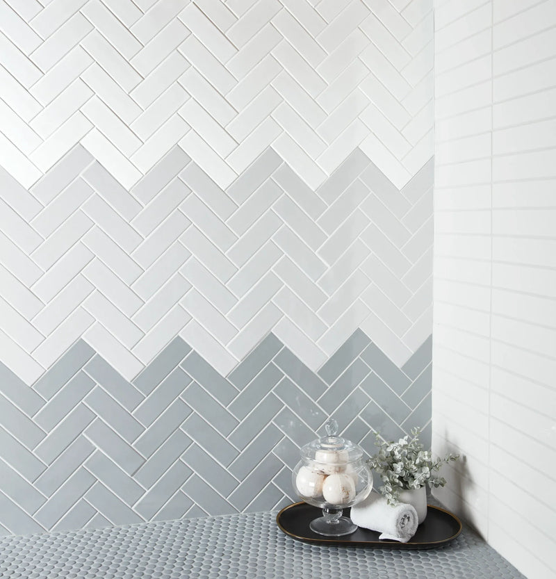 S-Series Canvas White Glossy 2x6 Herringbone Mesh Ceramic Mosaic