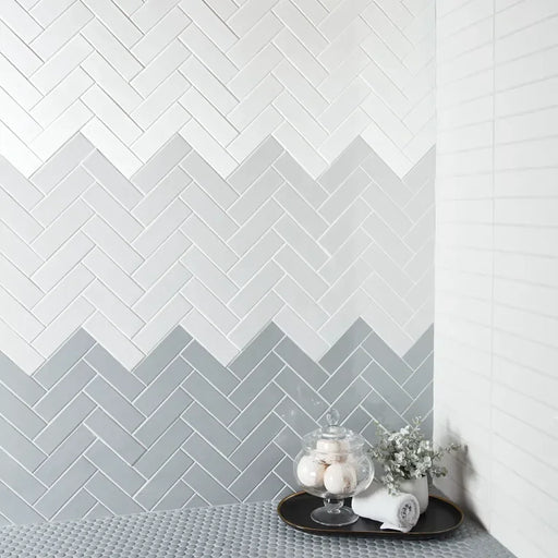 S-Series Halo Grey 2x6 Herringbone Mesh Glossy Porcelain Mosaic