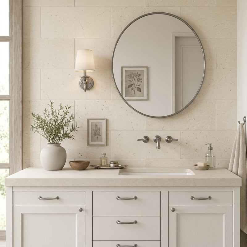 Salem Grey Renaissance 12x24 Honed Limestone Tile — Bathroom vanity wall