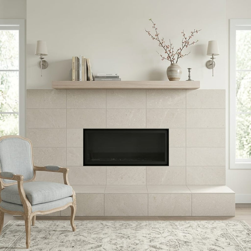 Salem Grey Renaissance 12x24 Honed Limestone Tile — Living Room fireplace surround