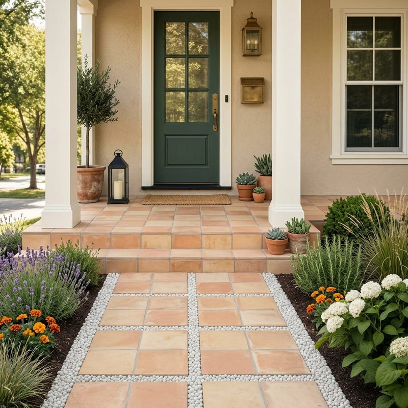 Saltillo Regular Edge 16x16 Natural Terracota Paver — Front Yard front porch