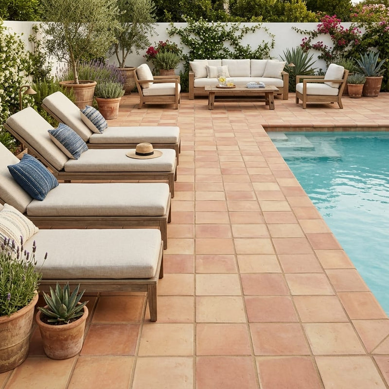 Saltillo Regular Edge 8x8 Natural Terracota Paver — Backyard pool deck