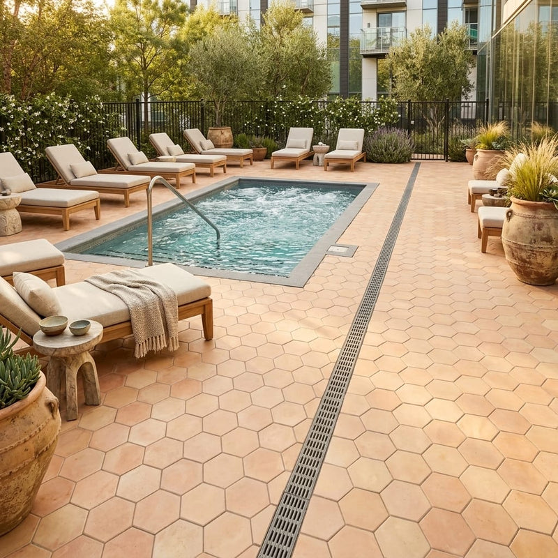 Saltillo Regular Hexagon 8x8 Natural Terracota Paver — Backyard pool deck
