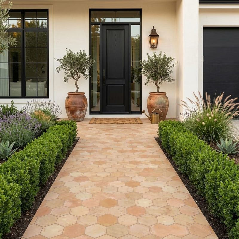 Saltillo Regular Hexagon 8x8 Natural Terracota Paver — Front Yard walkway