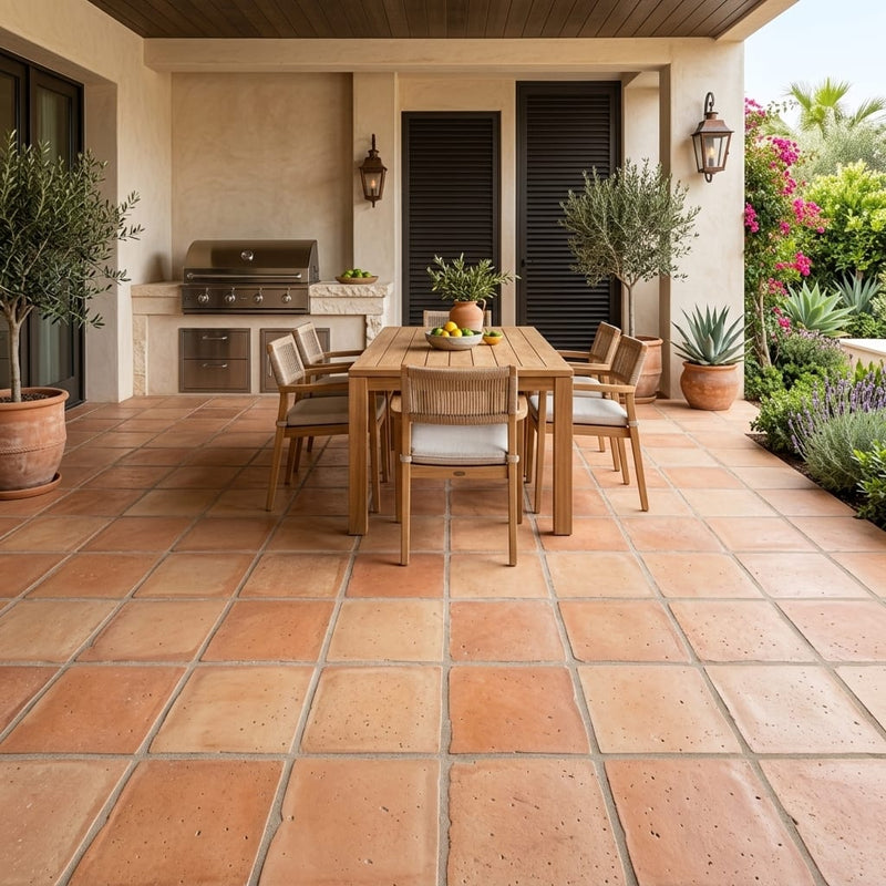 Saltillo Sealed 12x12 Natural Terracota Paver — Backyard patio