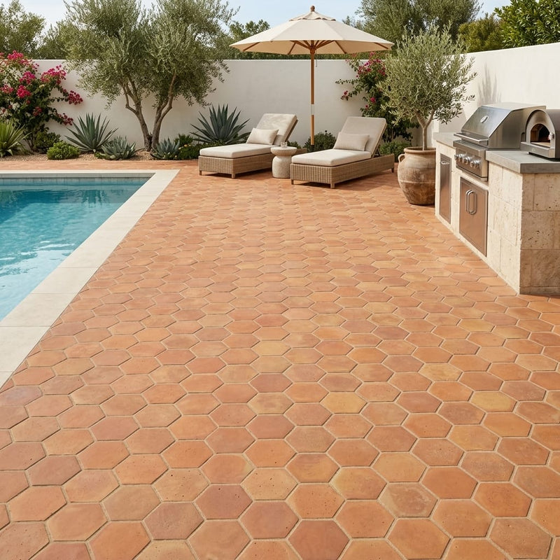 Saltillo Super Hexagon Terracota 12x12 Natural Paver — Backyard pool deck