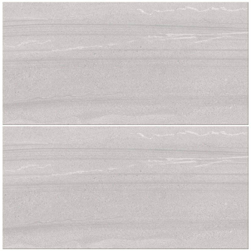 Two views of Sandwaves Light natural porcelain tile with a pale grey face and fine horizontal stone-like waves.