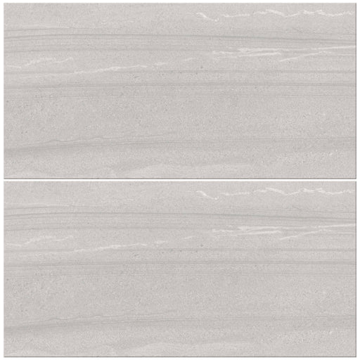 Two views of Sandwaves Light natural porcelain tile with a pale grey face and fine horizontal stone-like waves.