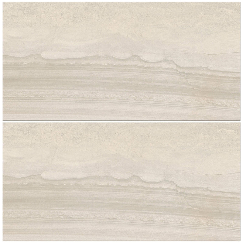 Two Sandwaves Seedpearl rectangular porcelain tiles with pale beige sandstone-like layers and gently flowing horizontal bands.