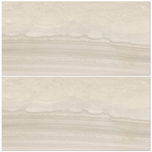 Two Sandwaves Seedpearl rectangular porcelain tiles with pale beige sandstone-like layers and gently flowing horizontal bands.