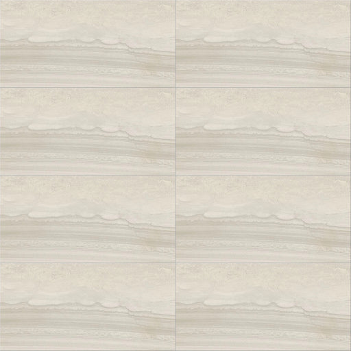 Eight Sandwaves Seedpearl 24x48 natural rectified porcelain tiles arranged in a grid with cream and gray horizontal veining.