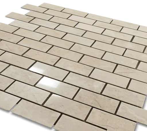 Sandy Beige 1x2 Brick 12x12 Polished Veined Marble Mosaic