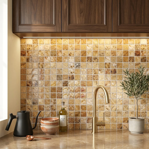 Scabos Travertine 1x1 Polished Travertine Mosaic — Kitchen backsplash