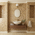 Scabos Travertine 1x1 Polished Travertine Mosaic — Powder Room wall