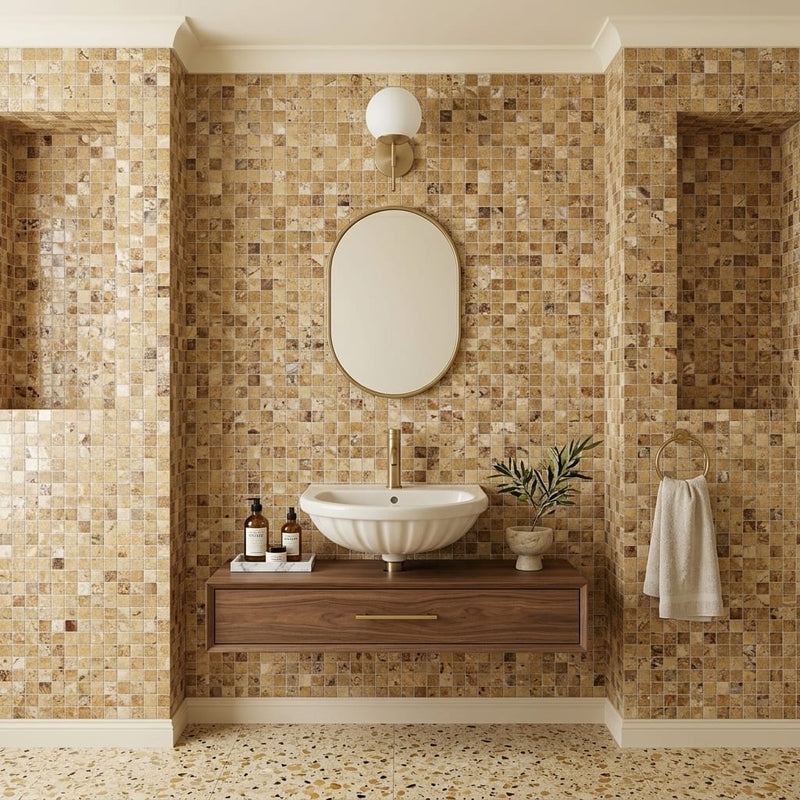 Scabos Travertine 1x1 Polished Travertine Mosaic — Powder Room wall