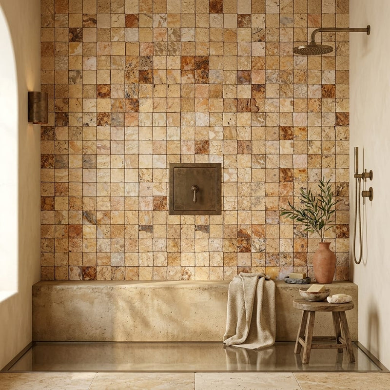Scabos Travertine 1x1 Split-faced Travertine Mosaic — Bathroom shower floor