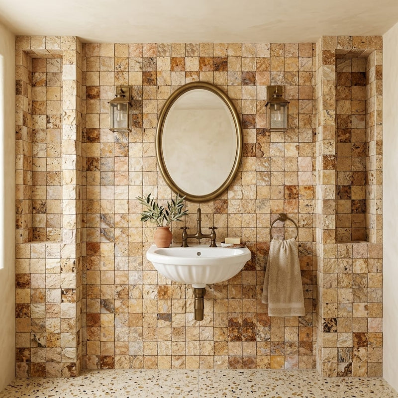 Scabos Travertine 1x1 Split-faced Travertine Mosaic — Powder Room wall