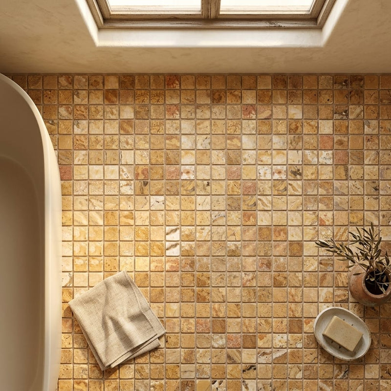Scabos Travertine 1x1 Tumbled Travertine Mosaic — Bathroom floor