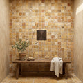 Scabos Travertine 1x1 Tumbled Travertine Mosaic — Bathroom shower floor