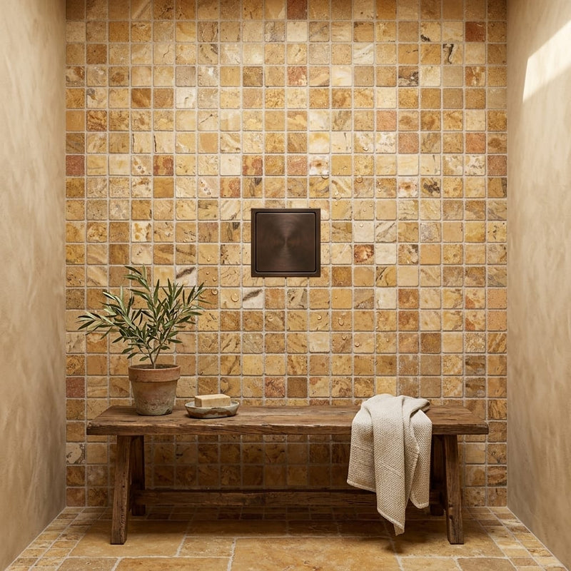 Scabos Travertine 1x1 Tumbled Travertine Mosaic — Bathroom shower floor
