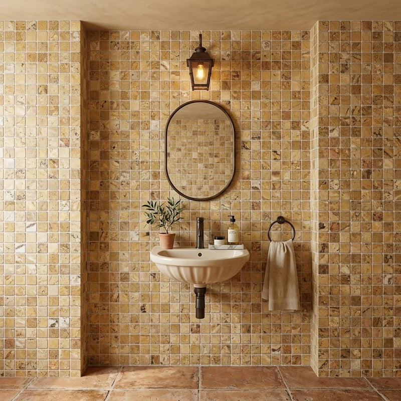 Scabos Travertine 1x1 Tumbled Travertine Mosaic — Powder Room wall
