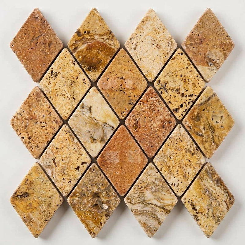 Scabos Travertine 1x2 Tumbled Travertine Diamond / Rhomboid Mosaic close-up