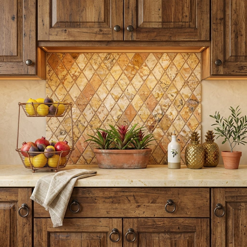 Scabos Travertine 1x2 Tumbled Travertine Diamond / Rhomboid Mosaic — Kitchen backsplash