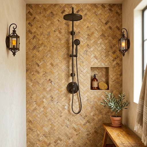 Scabos Travertine 1x2 Tumbled Travertine Herringbone Mosaic — Bathroom shower wall