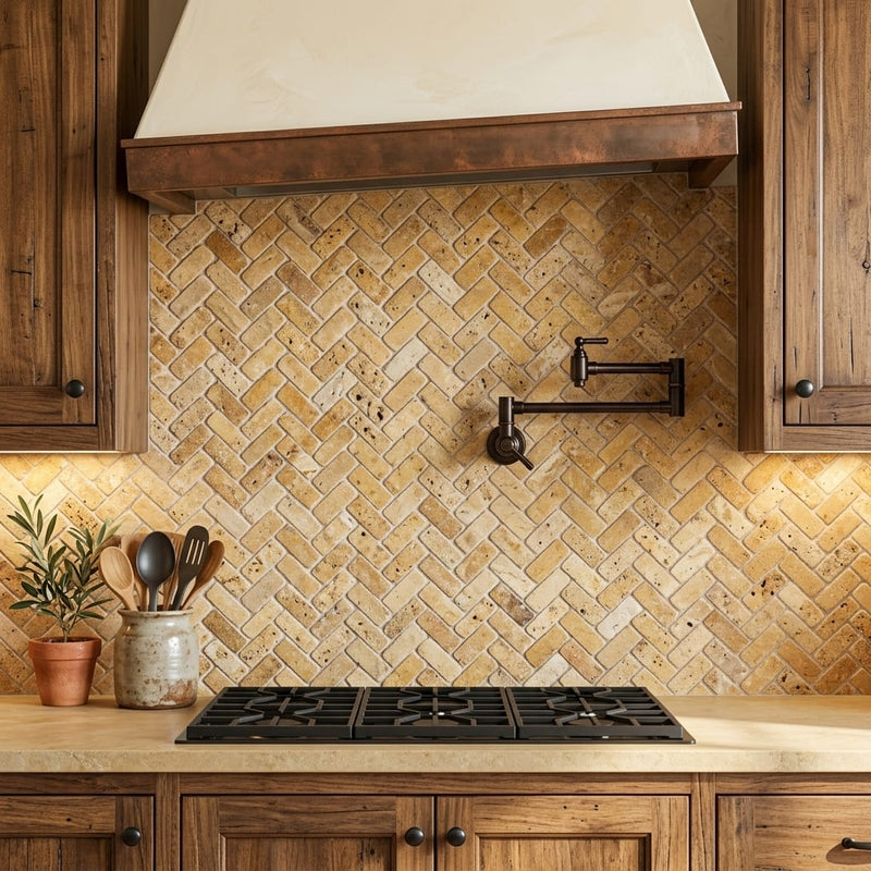 Scabos Travertine 1x2 Tumbled Travertine Herringbone Mosaic — Kitchen backsplash