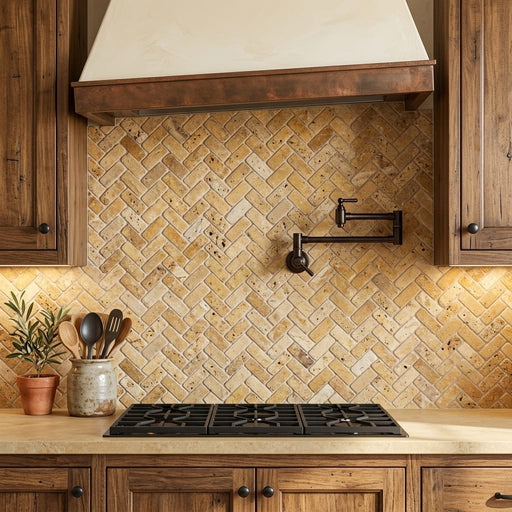 Scabos Travertine 1x2 Tumbled Travertine Herringbone Mosaic — Kitchen backsplash