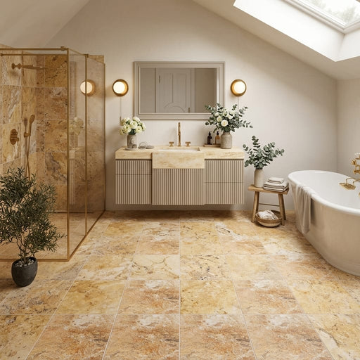 Scabos Travertine 12x12 Filled & Honed Travertine Tile — Bathroom floor