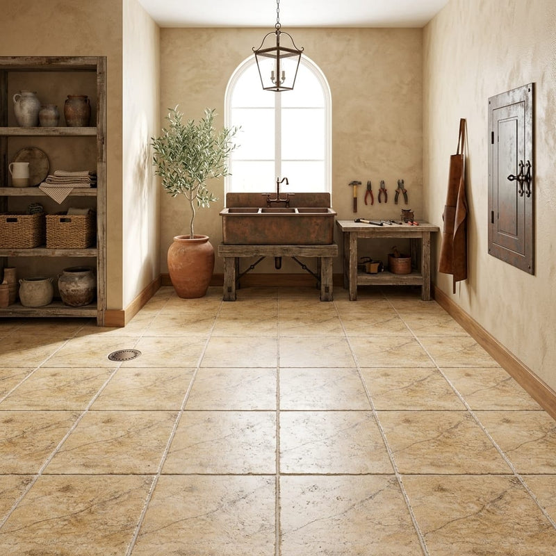 Scabos Travertine 12x12 Tumbled Travertine Tile — Basement floor