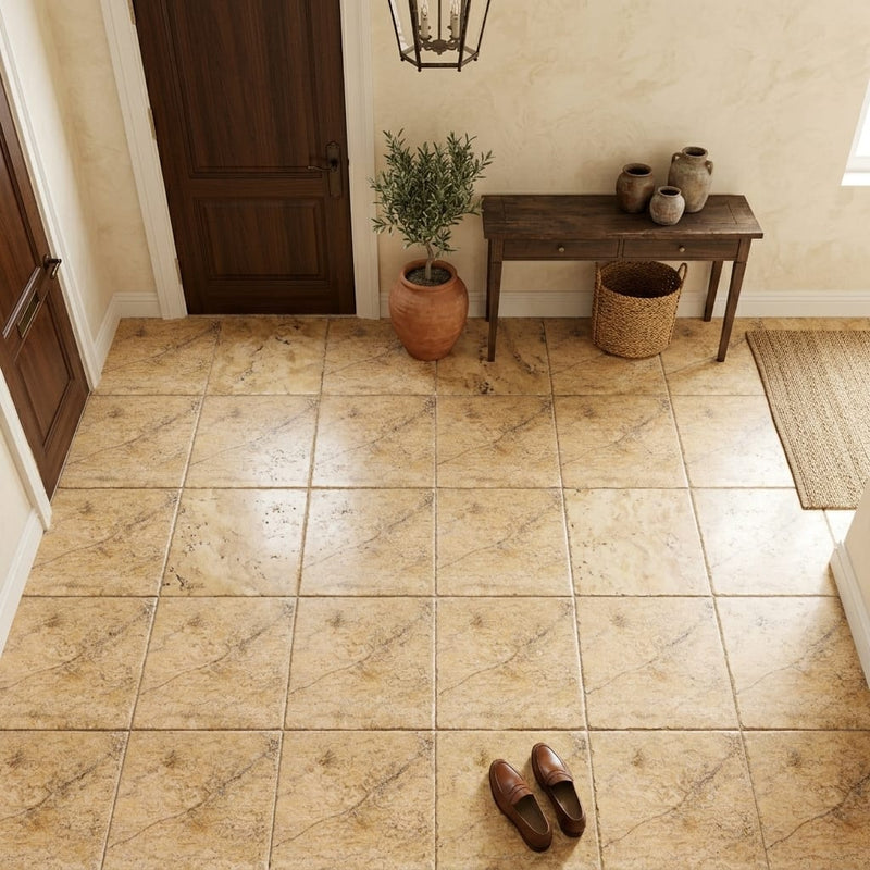 Scabos Travertine 12x12 Tumbled Travertine Tile — Foyer floor