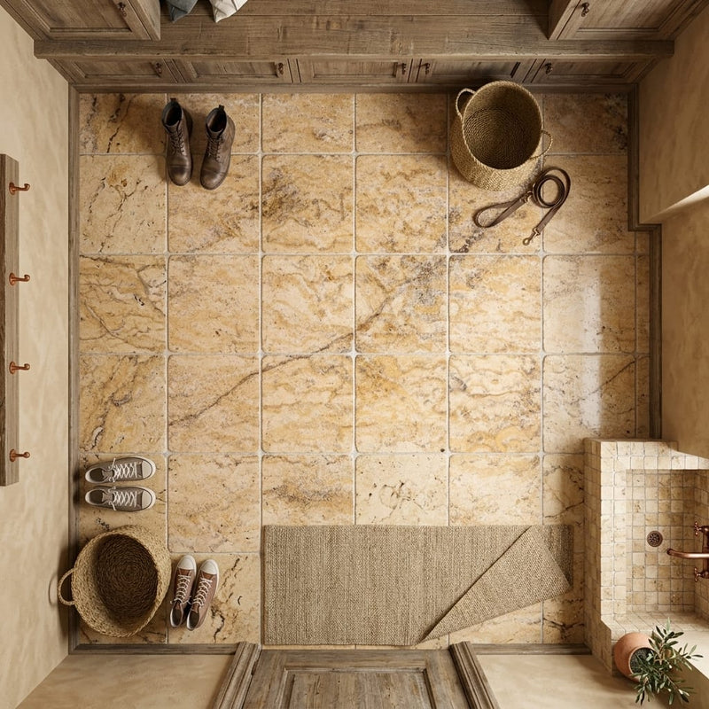 Scabos Travertine 12x12 Tumbled Travertine Tile — Mudroom floor