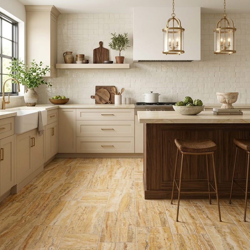 Scabos Travertine 12x24 Filled & Honed Travertine Tile — Kitchen floor