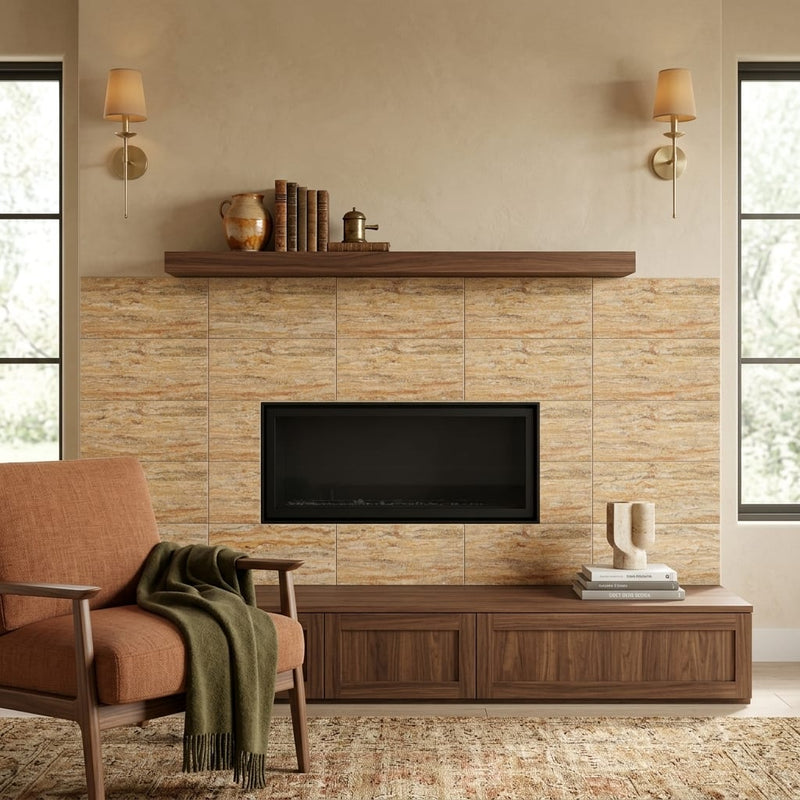 Scabos Travertine 12x24 Filled & Honed Travertine Tile — Living Room fireplace surround