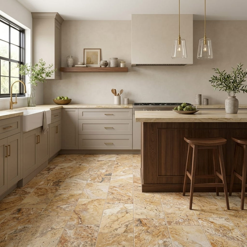 Scabos Travertine 12x24 Filled & Honed Travertine Tile — Kitchen floor
