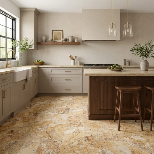 Scabos Travertine 12x24 Filled & Honed Travertine Tile — Kitchen floor