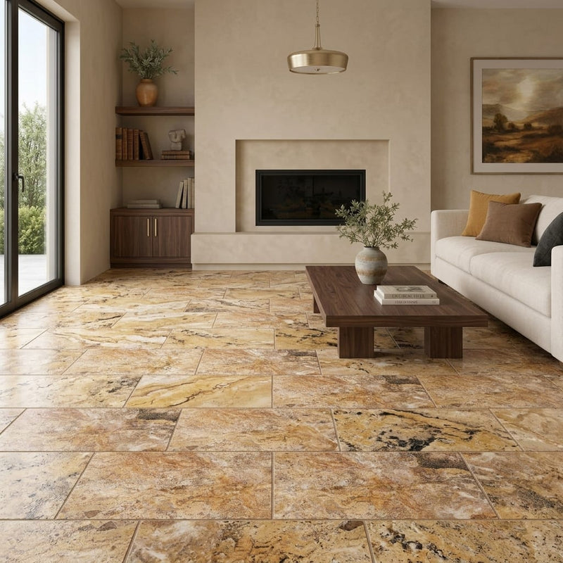 Scabos Travertine 12x24 Filled & Honed Travertine Tile — Living Room floor