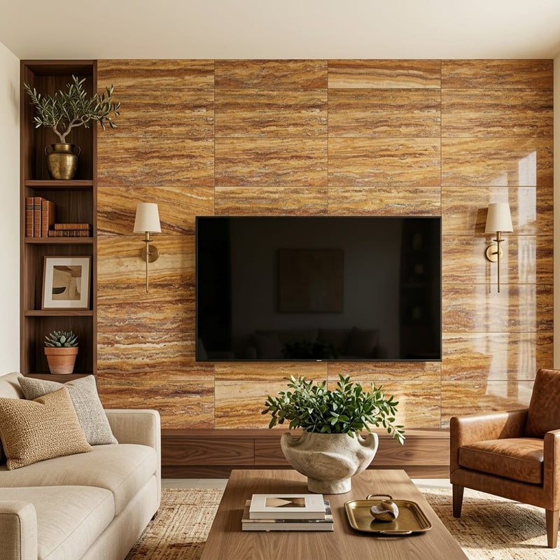 Scabos Travertine 12x24 Filled & Polished Travertine Tile — Living Room feature wall
