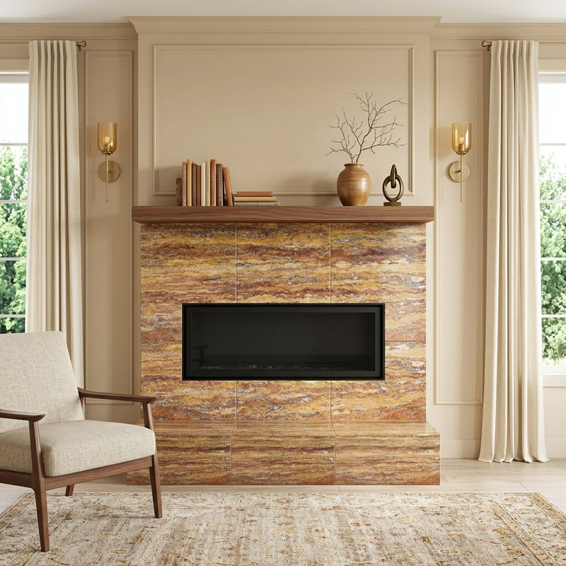 Scabos Travertine 12x24 Filled & Polished Travertine Tile — Living Room fireplace surround