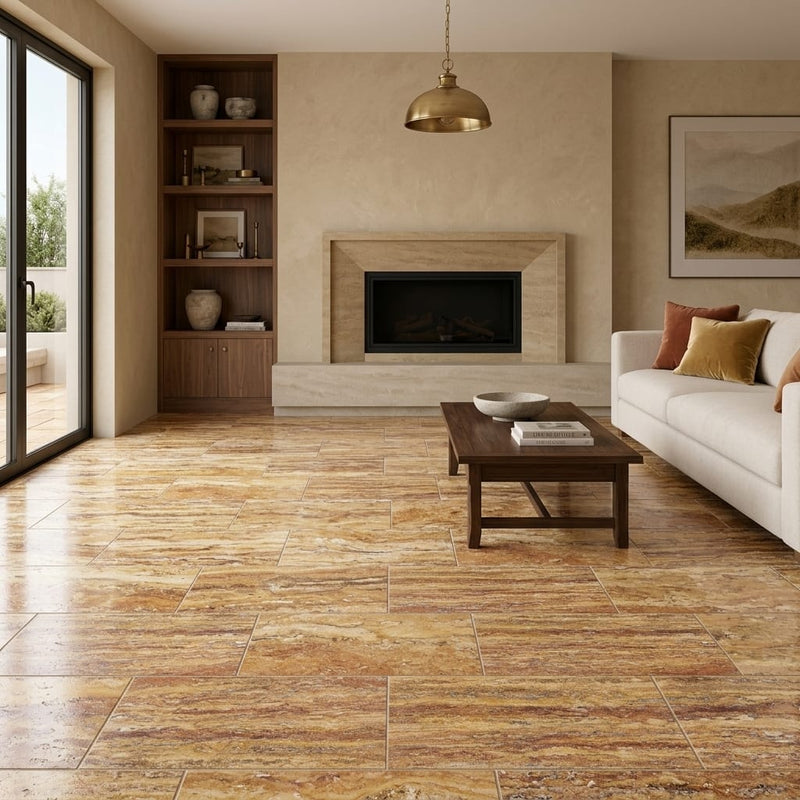 Scabos Travertine 12x24 Filled & Polished Travertine Tile — Living Room floor