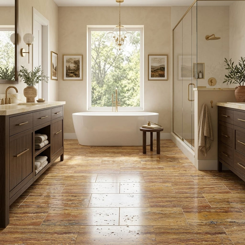 Scabos Travertine 12x24 Filled & Polished Travertine Tile — Primary Bath floor