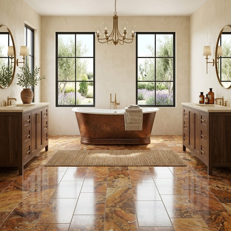 Scabos Travertine 12x24 Filled & Polished Travertine Tile — Bathroom floor