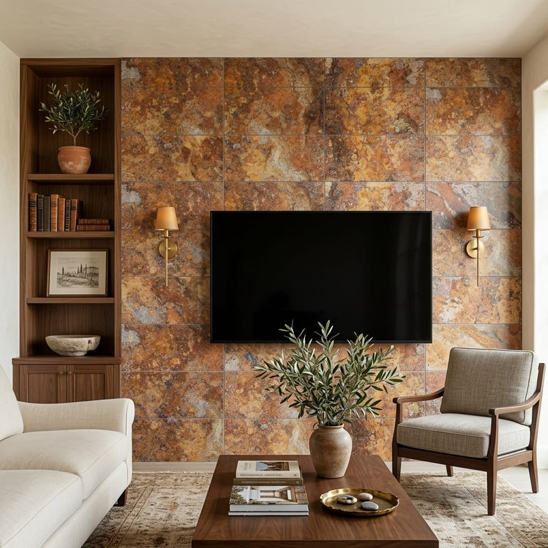 Scabos Travertine 12x24 Filled & Polished Travertine Tile — Living Room feature wall